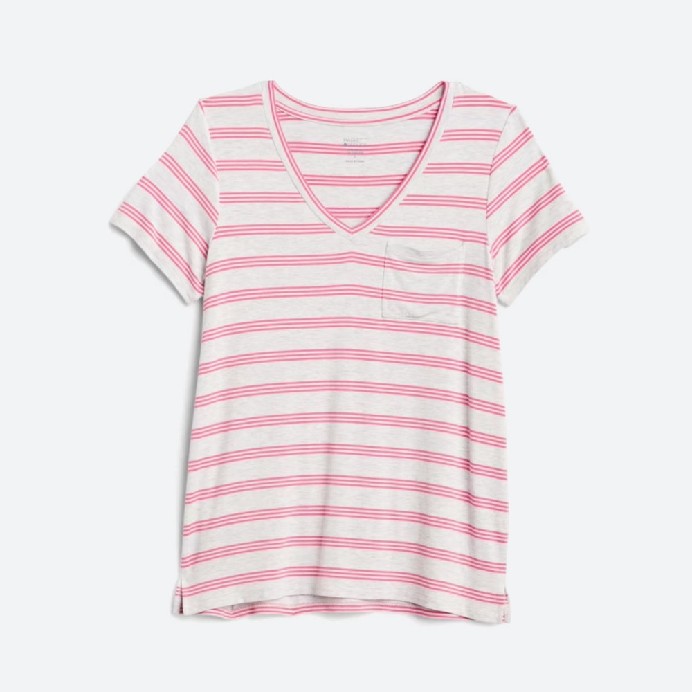 Market & Spruce sz M Hannah V-Neck Pocket Knit Tee Pink Gray Stripe